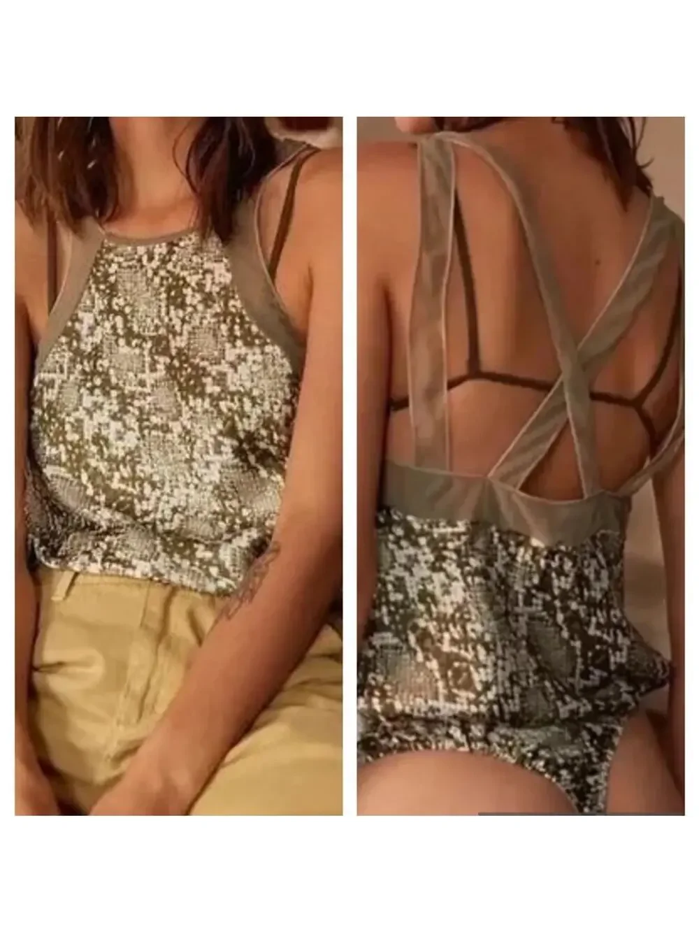 NEW Free People Night Out green Snake Skin print strappy thong Bodysuit